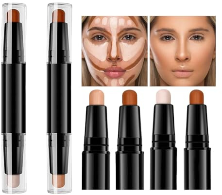 ARYIMYDP 2 Sticks Trucco a Doppia Estremità per il Contouring Viso, 4 Colorì (Ombra e Luce) con Pennello, per Scolpire e Illuminare Naso, Zigomi e Mento, Design Girevole per un‘Applicazione Precisa