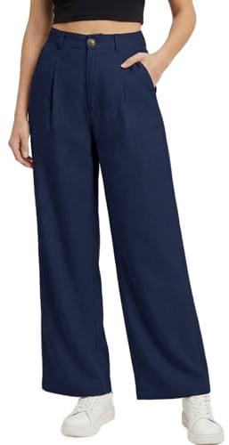 Muwodkdn Pantalon Femme Fluide Été Chic et Elegant Taille Haute Bleu L