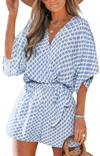 CUPSHE Women Jumpsuit V Neck Lace Up Romper Leopard Print Dolman Sleeves Short Wide Leg Casual Overall Playsuit