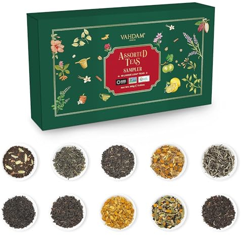 VAHDAM, Assortiment De Thé En Feuilles (10 Thés) Coffret Infusion De Avec oir, Vert, Oolong, Chai, Et Blanc | Coffrets Cadeaux De Thé Pour Femmes Et Hommes