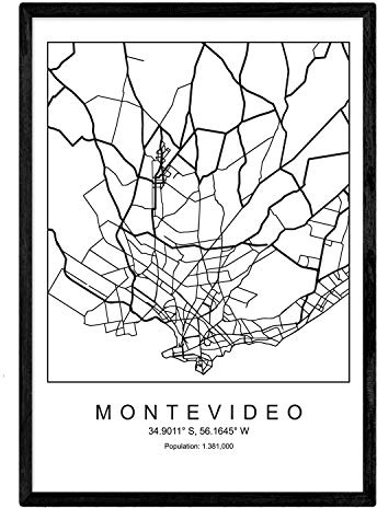 Nacnic Mappa della mappa della città Montevideo stile Nordic in bianco e nero. Manifesto A3 Dimensione incorniciata con cornice nera carta stampata 250 gr. Immagini, fogli e poster per salone