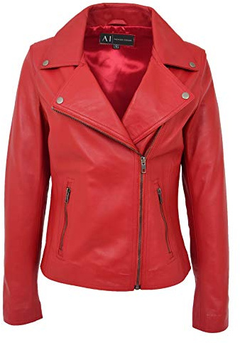 Femmes Cuir Véritable Veste de Motard Rouge Designer Aménagée Fermeture éclair Manteau Myla (XXXL - EU 46)