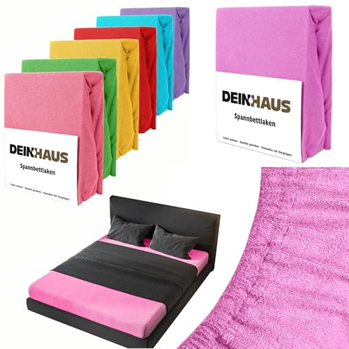 dh dein. haus Drap housse en tissu éponge, avec élastique, pour le lit, en coton, rose, 160 x 200 cm