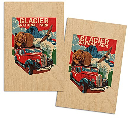 Glacier National Park, Montana, Woodblock, (4x6 Birch Wood Postcards, 2-Pack Stationary, Rustic Home Wall Decor)