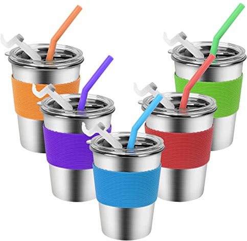 Yummy Sam Stainless Steel Cups with Silicone Straws & Lids,12oz Kids Tumblers Dishwasher Safe, Unbreakable Metal Toddler Cups with for Cold and Hot Drinks, Spill-proof, 5 Pack