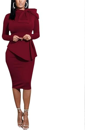 Suncolour Peplum - Vestido de oficina para mujer, elegante, vestido de tubo para fiesta, vestido de tubo para mujer, vestido de manga larga para el trabajo, vestido midi