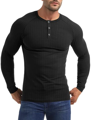 Yewloch Henley T Shirt à Manches Longues Homme，Coton Courtes/Longues Coupe ajustée Décontracté T-Shirts ，Sport Chemise Muscle pour Homme Bouton Noir 2XL