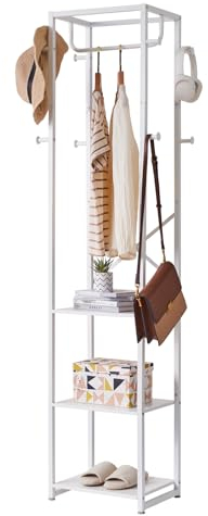 IBUYKE Klädställ, fristående klädstativ med 3 hyllor och 8 krokar, industriellt klädstativ för entré, hall, sovrum, 180 x 40 x 30 cm, vit TMJ088W
