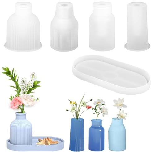 5 piezas Silicona Florero Moldes,molde de silicona de jarrón, 4 jarrones + 1 bandeja, molde de resina de jarrón de bricolaje,molde de resina epoxi,Jarrones de Silicona para Manualidades