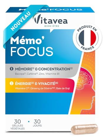VITAVEA BIEN-ETRE - Mémo'Focus - Complément alimentaire mémoire, concentration et vitalité - Bacopa, Caféine, Zinc, Vitamine B1, Vitamine C, Ginseng - 30 gélules - 30 jours - Fabriqué en France