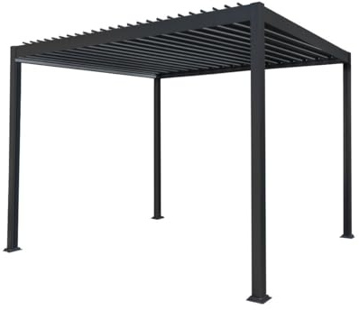 Metal Pergola 3m x 3m Anthracite Grey Adjustable Canopy Roof Powder Coated Aluminium Outdoor Garden Gazebo Sun Shelter Patio Drainage UV Protection Weather Resistant Tools & Ground Bolts Included