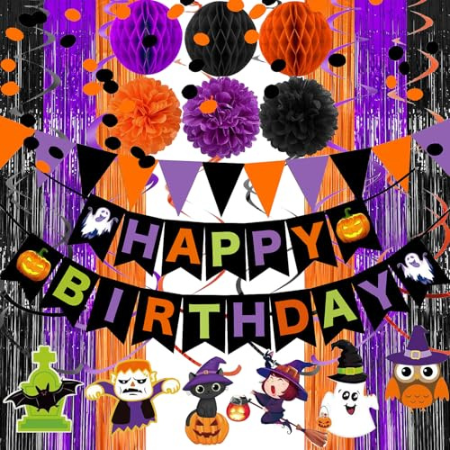 Halloween theme Birthday Party Decorations,Happy Birthday Decorations with Paper Triangle Flag,Hanging Swirl Streamers,Honeycomb Ball,Tissue Paper Pom,Circle Dots Garland, Fringe Curtains (birthday)