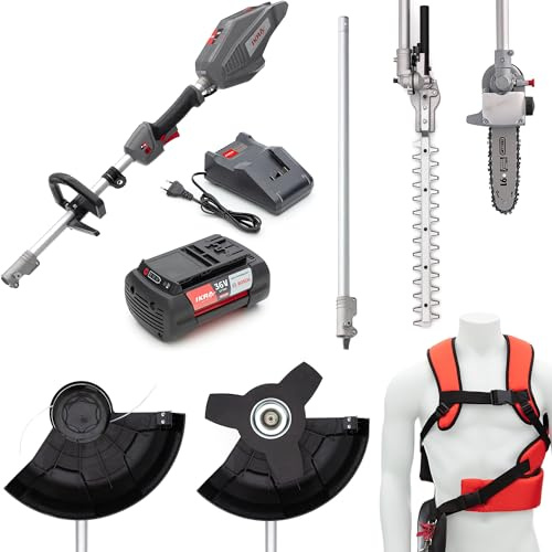 IKRA 36V Akku Multitool IB-MT 36, 4in1: Freischneider, Rasentrimmer, Heckenschere & Hochentaster, inkl. Akku 36V 4Ah & Ladegerät, kompatibel mit Bosch