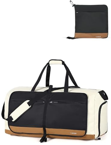 Lekesky Bolsa de viaje plegable grande – Bolsa de equipaje impermeable con compartimento para zapatos, bolsa de deporte de fin de semana para mujeres y hombres, Negro con caqui, 80L, Bolsa de viaje
