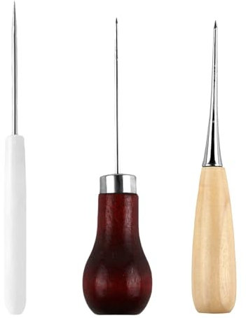 Set de 3 Punzones con Mango de Madera para Coser Cuero,Punzon,Herramienta de Costura de Cuero,Punzones de Costura con Aguja Artesanal,Punzón Hecho a Mano,Ideal para Coser y Reparar Cuero