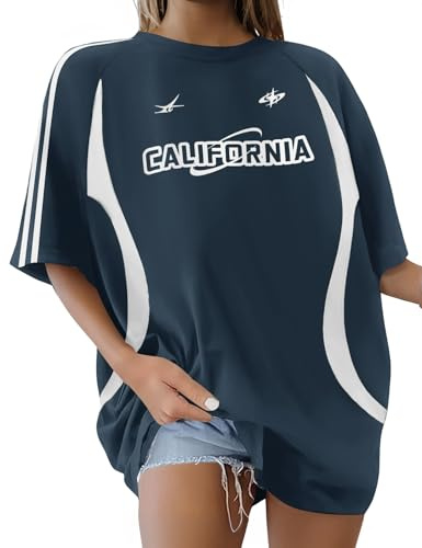Xnova Tee Shirt Femme Col Rond Décontracté, Oversize T-Shirts Tops Coton Manches Courtes Imprimé De Lettres, Mode Ample Chemise Hauts Patchwork Confortables Streetwear Été
