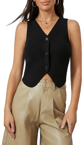 Women Knitted Waistcoat Vest Solid Color V-Neck Sleeveless Button Down Lightweight Sweater Retro Thread Knitwear Streetwear (A-Black, M)