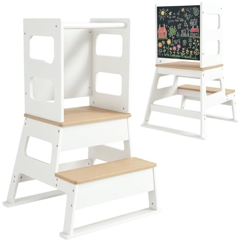 AIYAPLAY Tour d'observation Enfant, Tour d'apprentissage, Structure trapézoïdale 2 en 1, Tableau Noir, barrière de sécurité, pour 3-6 Ans, Blanc