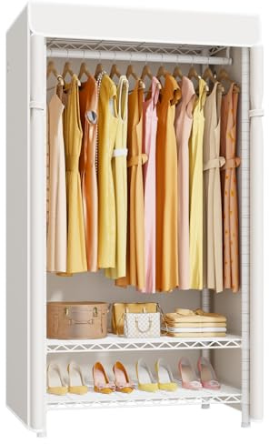 ULIFHOME H5C Clothes Rack with Cover, Portable Closet for Hanging Clothes, Covered Clothing Racks Heavy Duty, Garment Racks with Shelves, Max Load 360LBS, White Closet Rack with White Cover