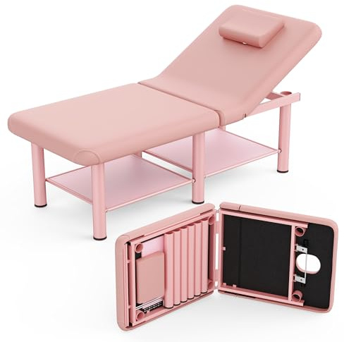 Folding Stationary Massage Table with Backrest and Storage Space, 6 Round Legs Metal Frame PU Leather, 30.5'' Wide × 75'' Long for Treatment Table Physical Therapy Table Spa Facial Bed, Pink