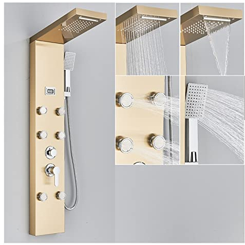 Shower Panel, Black LED Shower Panel Waterfall Rain Shower Faucet Set SPA Massage Jet Bath Shower Column Temperature Display Mixer Tap Tower(6002 Brushed) LWX