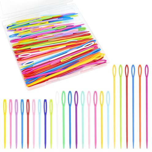 JAXICREY 100 agujas de tejer para niños, juego de agujas de coser de plástico, agujas de bordar, coloridas, agujas de bordar, agujas de coser para niños, agujas de coser con ojal grande, agujas de
