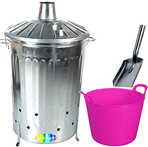 CrazyGadget® 125 Litre 125L Extra Large Galvanised Metal Incinerator Fire Burning Bin with Special Locking Lid + Ash Shovel + 42L Litre Plastic Flexi Tub (Pink)