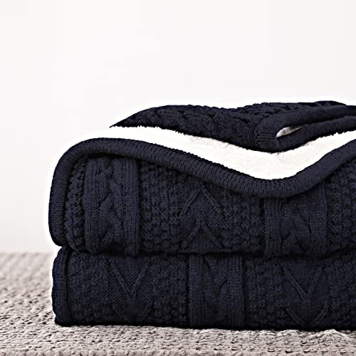 Longhui bedding Acrylic Cable Knit Sherpa Throw Blanket - Thick, Soft, Big, Cozy Navy Knitted Fleece Blankets for Couch, Sofa, Bed - Large 50 x 63 Inches Navy Blue Coverlet All Season