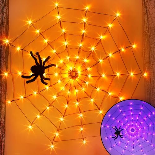 Eambrite Halloween Spider Web Lights with Plush Spider Spooky Indoor Decorations Light up Fake Spiderweb Decor Prop for Window Kids Party Haunted House (4FT/120CM)