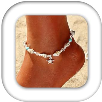 Zoestar Boho Turquoise Anklet Silver Starfish Ankle Bracelet Conch Beads Foot Chain for Women and Girls