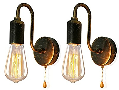 2 Pack Vintage Wall Light with Pull Cord Switch Metal Iron Wall Sconce Light Fixture Industrial Retro Wall Wash Lights E26 Indoor Sconce for Restaurant Living Room Bedroom Office Lamp,Rusty