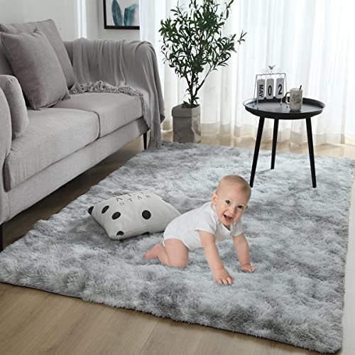 Gsogcax Grey Rugs Living Room 160x200cm Super Soft Fluffy Area Rugs for Bedroom Shaggy Anti-Skid Comfortable Large Rugs Indoor Modern Home Decor Floor Carpet -(Tie-dye)