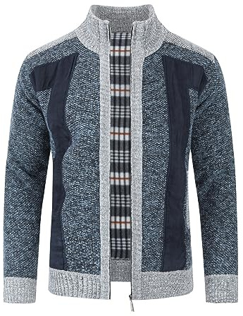 Allthemen Cárdigan Hombre Suéter de Invierno con Forro Grueso Tipo con Cuello alzado y Cremallera para Hombre Azul 4XL