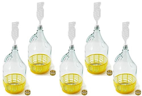WYSKONT Enghals Ballonflasche mit Schraubverschluss, Schutzkorb, Luftschleuse und Stopfen für die Weinherstellung, Gärung, Getränkeaufbewahrung, aus transparentem Glas, 5 Stück x 5 l