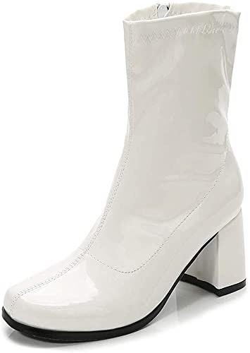 Gizelle Women's Go Go Boots Mid Calf Block Heel Zipper Boot Ankle Boots Low Block Heel Short Boots Shoes (White Patent, uk_footwear_size_system, adult, women, numeric, medium, numeric_6)