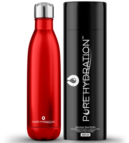 Pure Hydration - Stainless Steel Water Bottle 500ml - Vacuum Insulated Metal Water Bottle - 12 Hours Hot & 24 Hours Cold Drinks – BPA Free -Flask for Gym Cycling Work Hiking