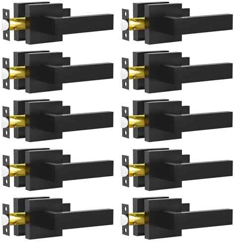 RAZCC Passage Door Lever, 10 Pack Matte Black Interior Door Handles for Hallway and Closet, Heavy Duty Square Interior Keyless Door Handles Non-Locking Door Knobs for Right & Left Side Door