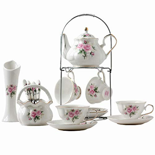 Juego de café de servicio de cerámica europea de 16 piezas con tetera, 4 tazas de café y 4 cucharas a juego florero y soporte de metal, juego de té vintage con estampado de rosas