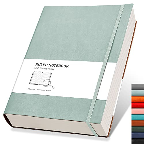 RETTACY A4-anteckningsbok linjerad – tjock dagbok med 320 numrerade sidor, 1 bakficka och högkvalitativt mjukt skydd för kvinnor och män på kontoret eller i skolan, 19 x 25 cm – gråblå