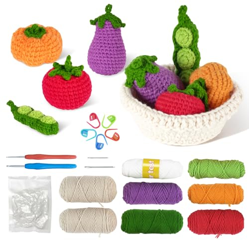 Weigudoc Häkel-strickset für Anfänger, Häkel-strickset Mit Garn, Kreatives Handstrick-Set Mit Schritt-für-Schritt-anleitungsvideo, DIY-häkel-Starter-Set Für Gemüse, Obst, Erdbeere(01)