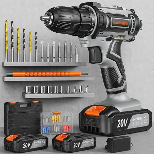 Taladro Atornillador Batería 20V, FAHEFANA Taladro Inalámbrico, 2 Baterías 2.0Ah y Accesorios 89 Piezas, 42Nm Máx, 25+1 Ajuste de Par, 2 Velocidad, Portabrocas de 10mm, LED Luz