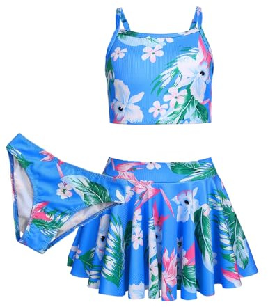 Arshiner Filles Bikini Set 3 Pièces Maillots de Bain d'Été Enfants Trois Pièces Tankini avec Jupe Imprimé Fleur Maillots de Bain pour Filles 7-8 Ans