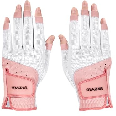 MAZEL Guantes de golf para mujer, un par S, M, L, XL, dedos abiertos para una fácil visualización táctil, guantes de cuero para mano izquierda y derecha, talla S, M, L, XL (par rosa, XL)
