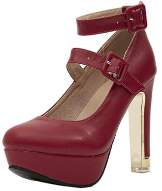 getmorebeauty Women's Block High Heels Platform Pumps Double Ankle Straps Closed Toe Mary Jane Dress Sandals Shoes (Red US9.5)