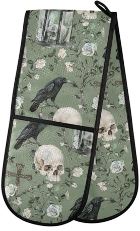 Double Oven Gloves Skull Crow Bird Heat Resistant Pot Holder Oven Mitt Gloves for BBQ Cooking Baking Grilling Microwave