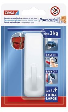 tesa Powerstrips Gancio Adesivo XL Rettangolare - Bianco - 1 Gancio | Gancio Autoadesivo Riutilizzabile con Tenuta Extraforte - Per Bagno e Cucina, Montaggio Senza Forare - 3 Powerstrips