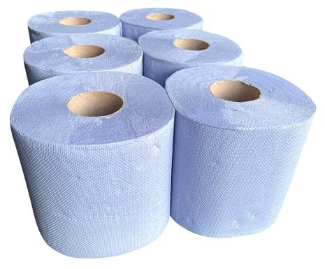 Centrefeed Blue Roll 6 Pack – 50m 2 Ply Paper Tissue Rolls, Professional Blue Paper Towel Roll, Embossed Pattern Paper Hand Towels for Kitchen, Recycled for Workshops, Office, Commercial Use