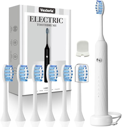 Vexloria Elektrische Zahnbürste, Schallzahnbürste, Zahnbürste Elektrisch mit 6 Bürstenköpfe, 5 Putzmodi, Timer und USB Ladestation, IPX7 Electric Toothbrush, 38000VPM Weiß
