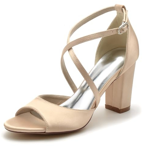 smlekwc Mujer Correa Cruzada Zapatos De Vestir De Boda Peep Toe Sandalias De Novia De Satén Tacón Alto De Bloque Zapatos De Noche Fiesta De Graduación,Champagne,39 EU