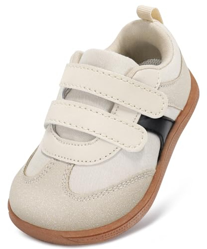 STQ KIDS Boys Girls Toddler Barefoot Trainers Kids School Shoes Wide Toe Box Hook and Loop Zero Drop First Walking Shoe Lightweight Non Slip Casual Sports Running Tennis Sneaker Beige White UK 5 / T5